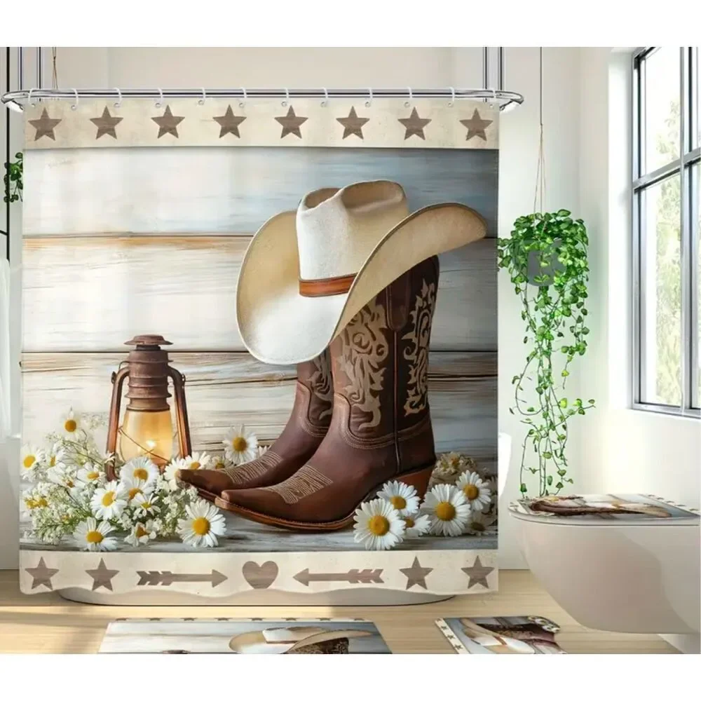 Cowboy Boots shower curtain & Bath Mat Set with Hooks - 4 Piece Collection weste